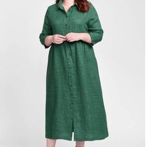 FLAX Clothing BUTTON-DOWN DRESS Forest Raw Linen 100% M Green NEW/NWT Tag